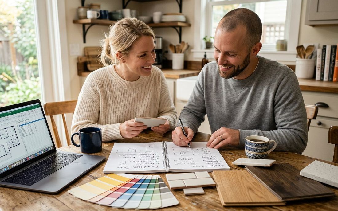 Couple planning a home renovation with checklists, paint swatches and material samples