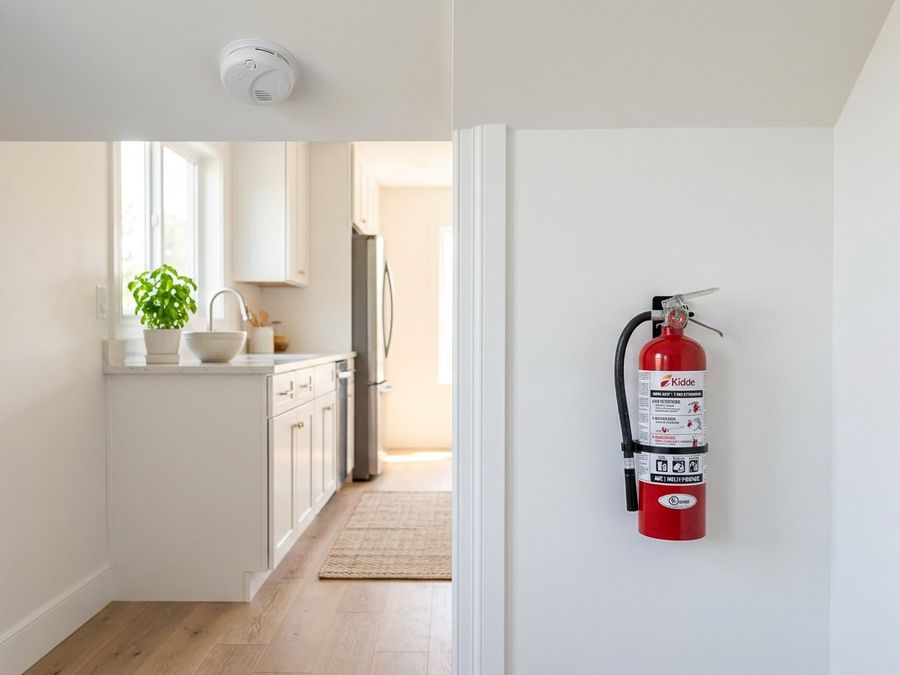 Smoke detector and fire extinguisher installed in a modern home